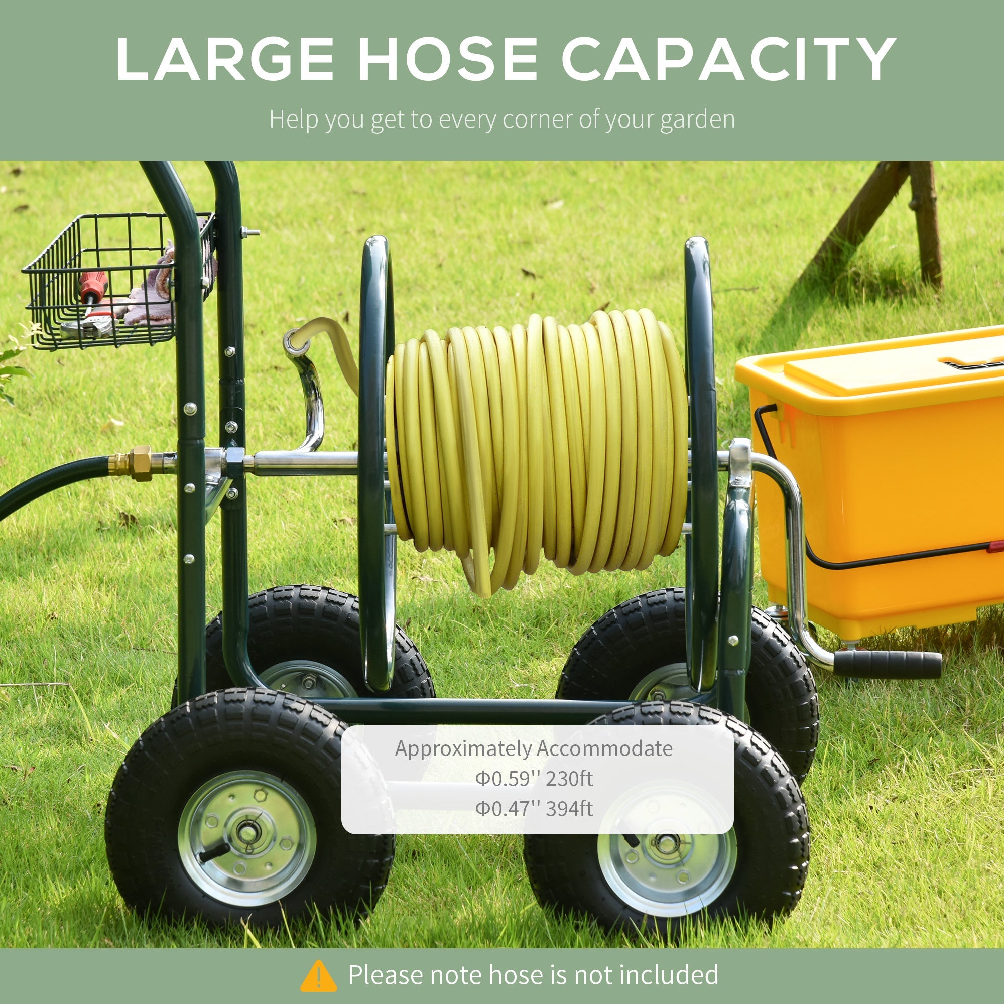 Outsunny Garden Hose Reel Cart, Portable Hose Organizer with Hose Guide System, 4 Wide Wheels & Storage Basket, Farm