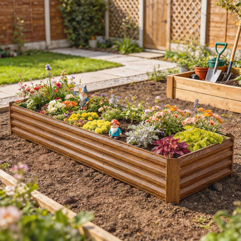 8 x 2.6 x 1.5ft Galvanized Raised Garden Bed, Reinforced Outdoor Planter Box with Open Bottom, Brown Wood Effect