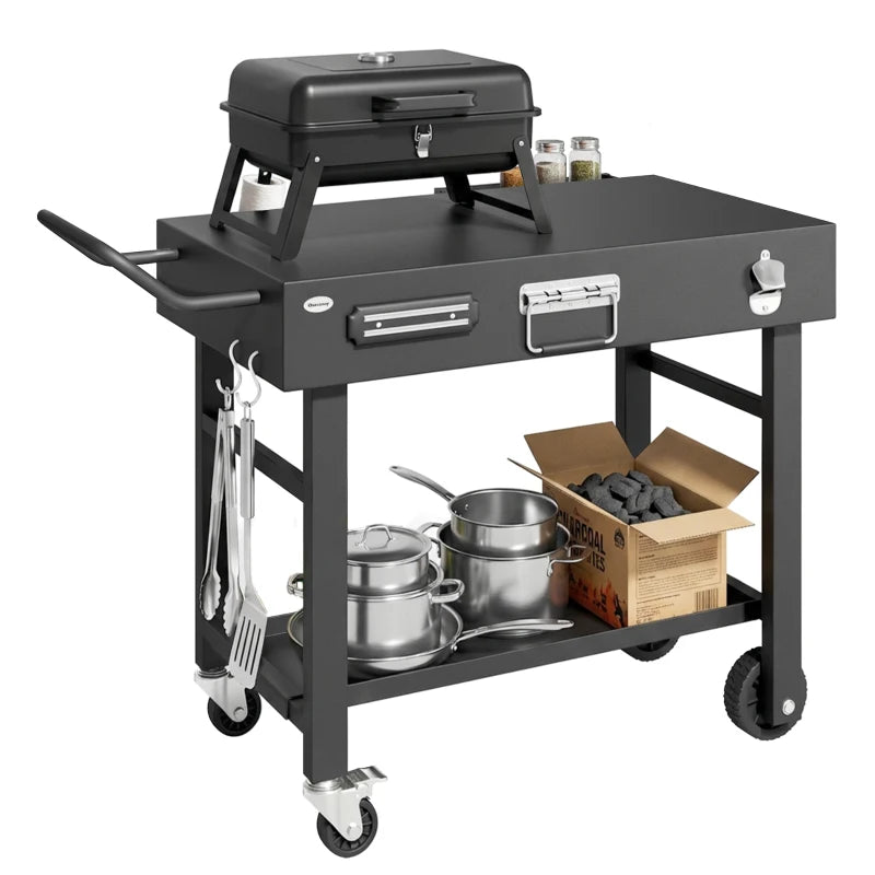 Outdoor Grill Cart, Folding Grill Table with Magnetic Knife Holder, Hooks, Spice Rack, Paper Rack, Black