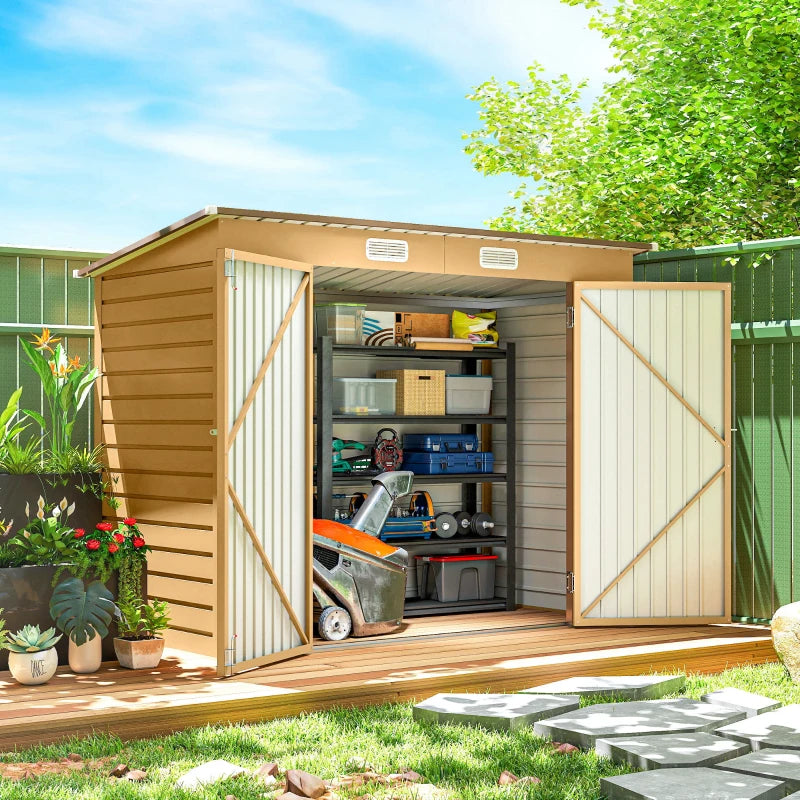8 x 4FT Galvanized Garden Storage Shed, Metal Outdoor Shed with Double Doors and 2 Vents, Yellow