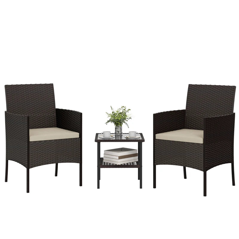 Wicker Bistro Set, 3 Piece Patio Furniture Set with 2-Tier Glass Top Table, Cushions for Balcony, Porch, Khaki