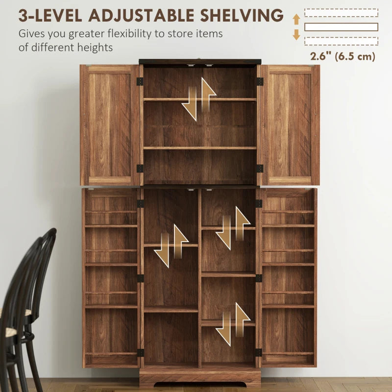 64" Tall Kitchen Pantry Cabinet with Spice Racks and Adjustable Shelves, Brown Wood Grain