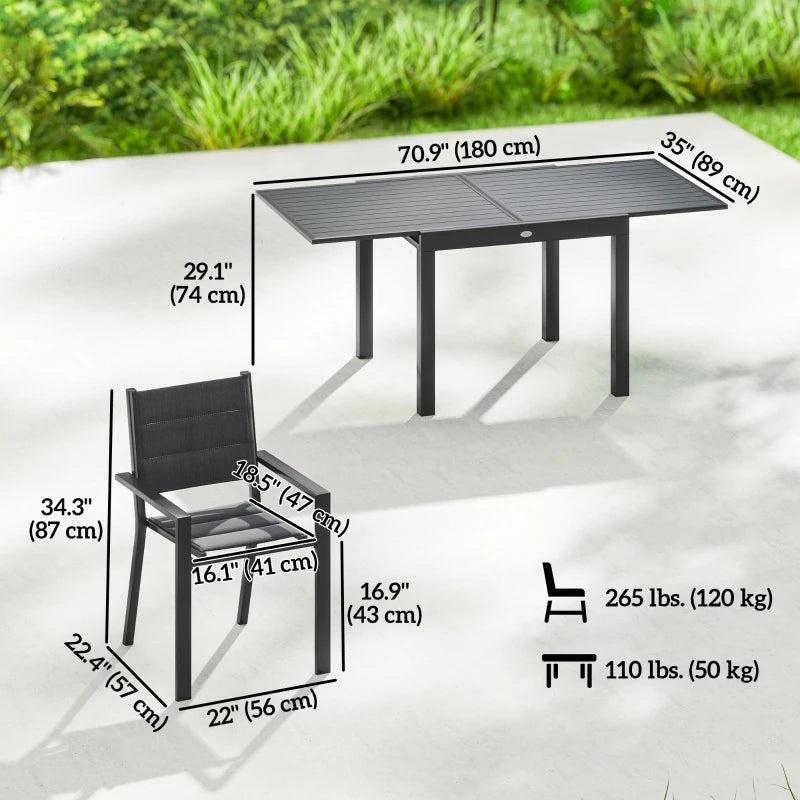 Patio Dining Set for 6, Aluminum Expandable Outdoor Table and 6 Stackable Chairs with Padded Back, Mesh Seat, Black