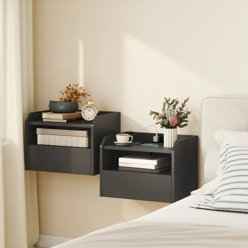 Wall Mounted Bedside Table, Set of 2 Floating Nightstand with Charging Station, Drawer and Open Shelf for Bedroom, Black