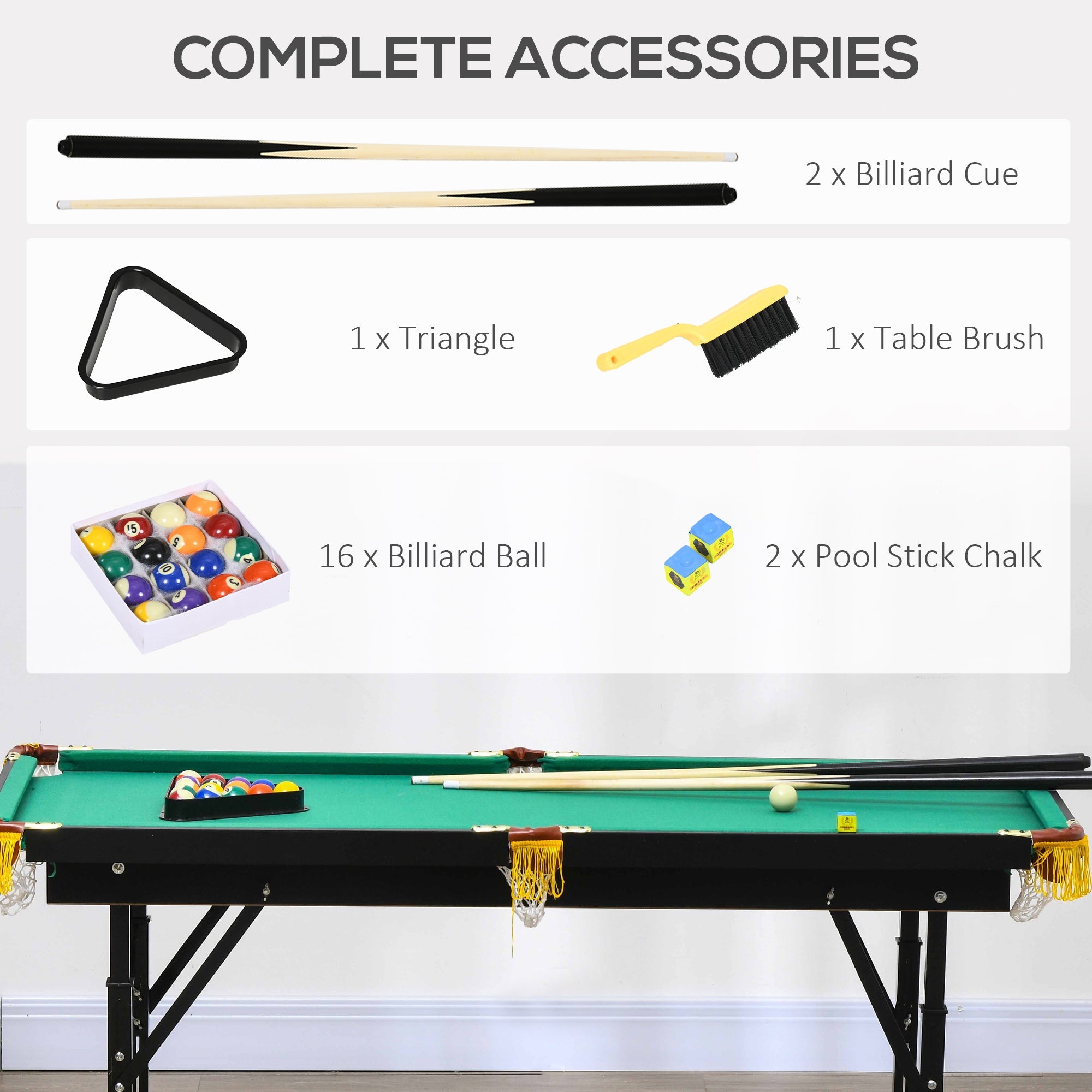 Soozier 55" Pool Table Set Folding Billiard Table with Adjustable Height, 2 Cues, 16 Balls, 2 Chalks, Triangle, Brush, Green