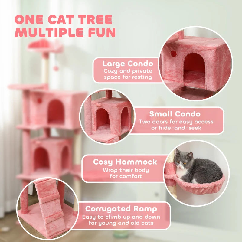 63 Inch Cat Tree with Sisal Scratching Posts, Condos, Plush Perches, Hammock, Ladder, Dangling Balls, Pink