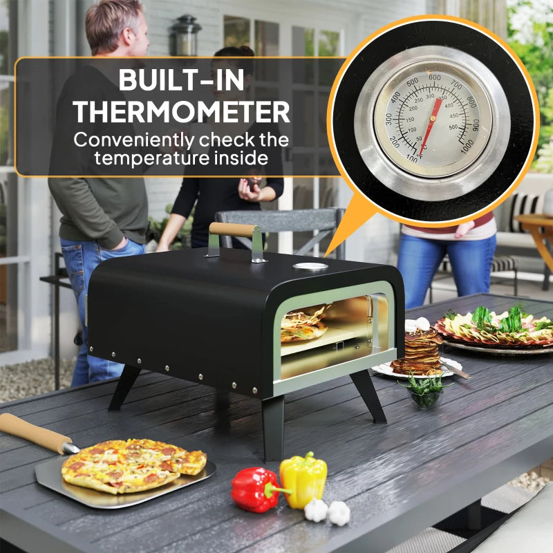 Outdoor Tabletop Gas Pizza Oven with 12" Stone and Peel, Portable Pizza Oven Maker with Thermometer, Foldable Legs, Handle, Gas Hose and Regulator, Black