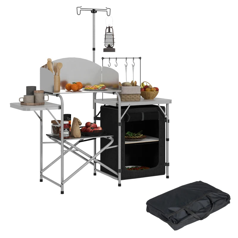 Camping Kitchen Table, Aluminum Folding Camping Table with Storage Organizer, Windshield, Light Stand, Bag, Silver