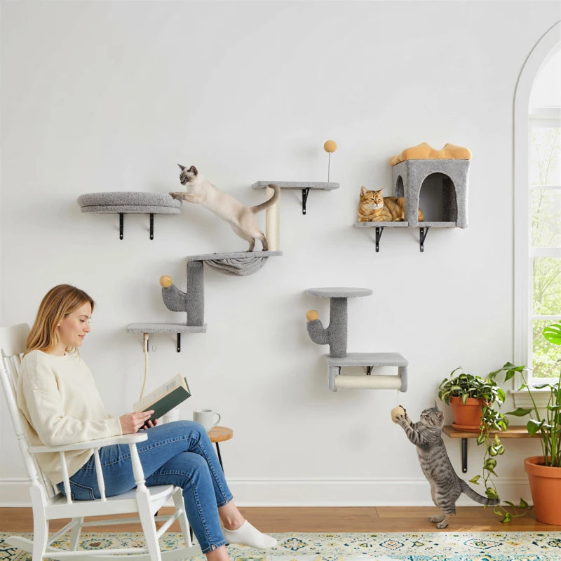 Cat Wall Shelves, 4 Pcs Cat Wall Furniture Set with Scratching Posts, Condo, Hammock, Perchs, Light Grey