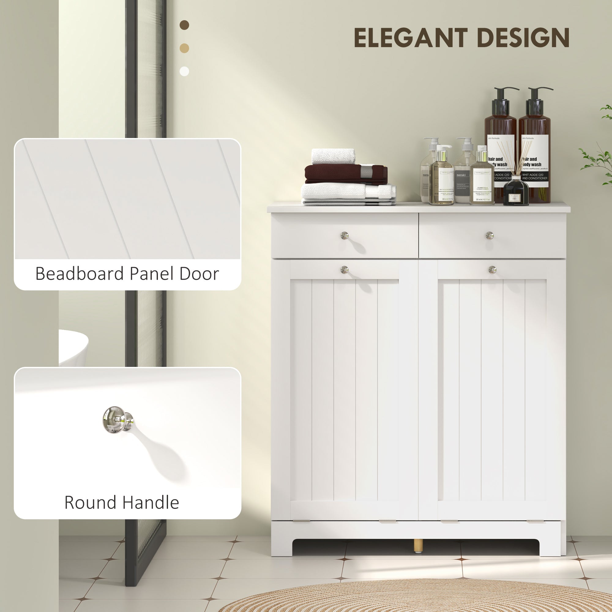 HOMCOM Laundry Cabinet, Tilt Out Laundry Hamper Cabinet with 2 Baskets, Bathroom Hamper Cabinet with 2 Drawers, White