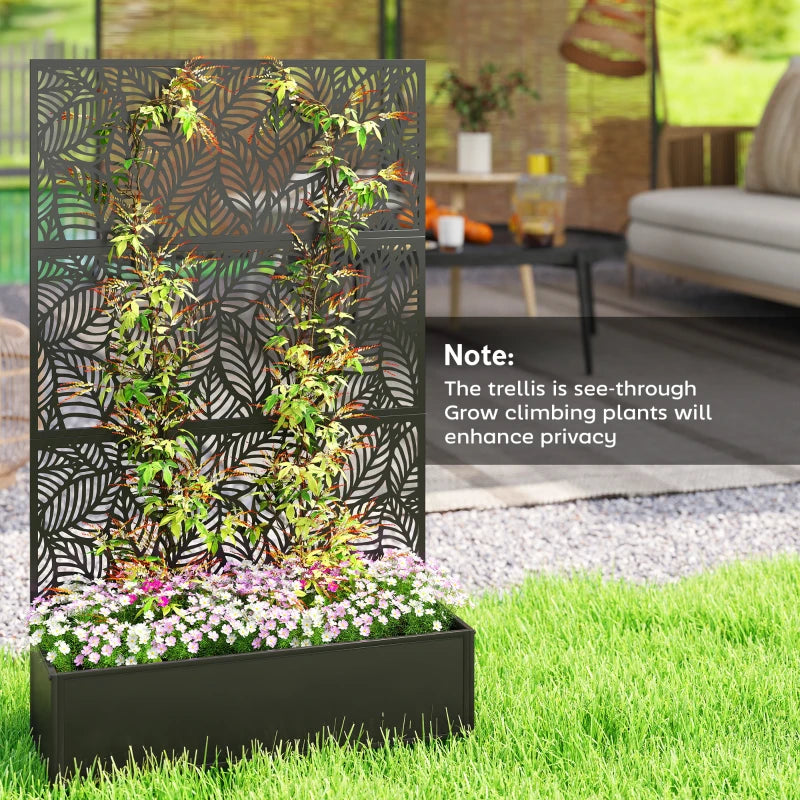 Metal Planter Box with Trellis, 70" Raised Garden Bed with Trellis Privacy Screen for Climbing Plants, Leaves Cut-Out