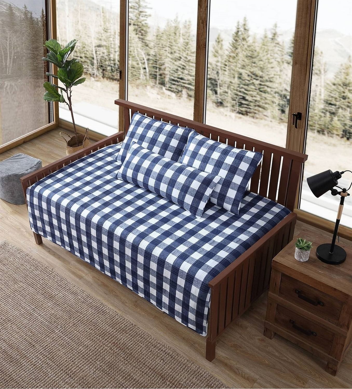 Lightweight Navy Blue White Plaid 4 Piece Cotton Daybed Cover Set - Free Shipping