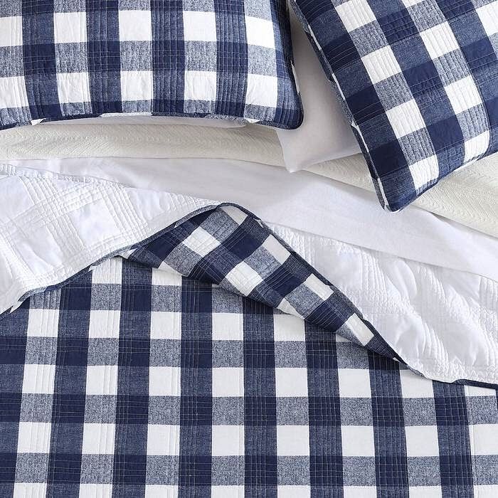 Lightweight Navy Blue White Plaid 4 Piece Cotton Daybed Cover Set - Free Shipping