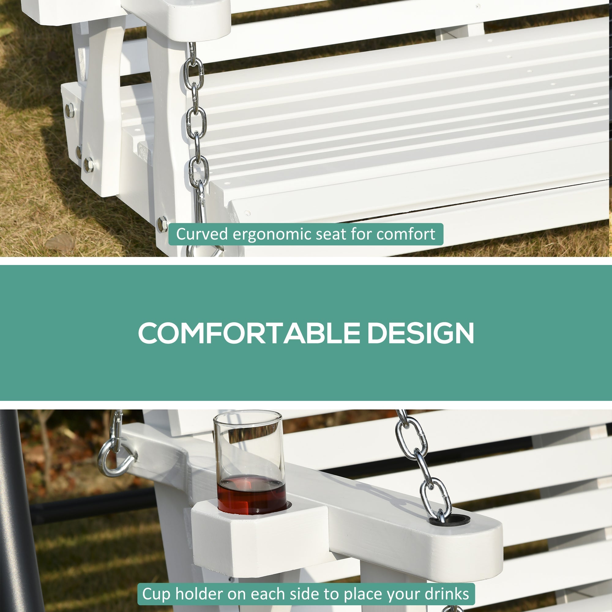 Outsunny 46" 2-Person Outdoor Porch Swing Bench with 2 Built-In Cup Holders & Chains Included, 550lb Weight Capacity, White
