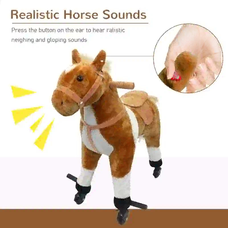 Qaba Kids Rocking Horse, Large Walking Ride on Toy for Toddlers 3 year old, Baby Plush Animal Rocker with Sound and Wheel, Brown