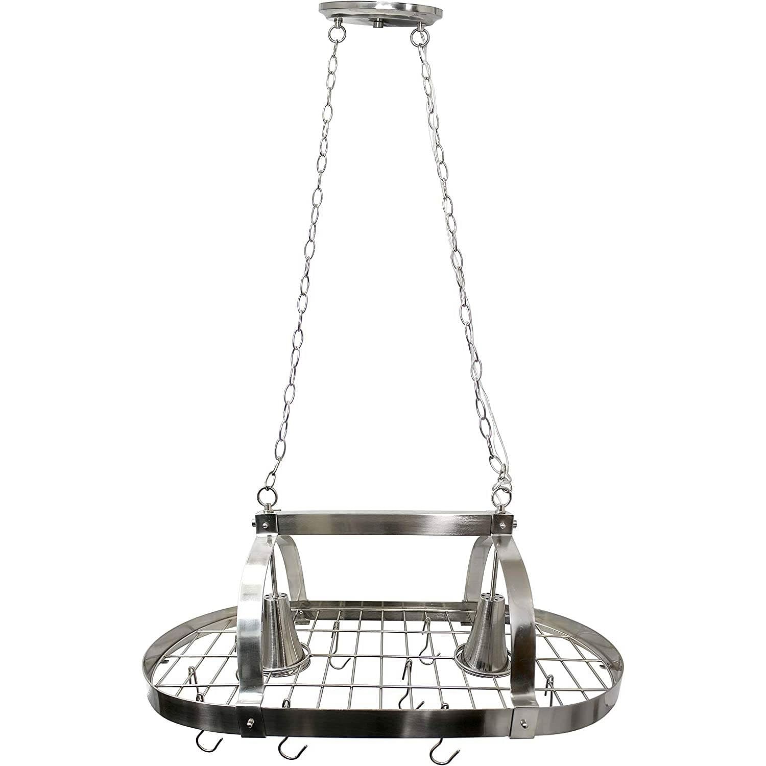 Rustic 2-Light 10 Hook Ceiling Mounted Hanging Pot Rack in Brushed Nickle - Free Shipping