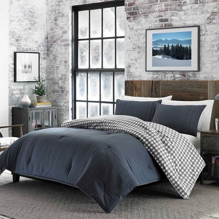 Full/Queen size 100% Cotton Reverse Plaid Gray/White Comforter Set - Free Shipping