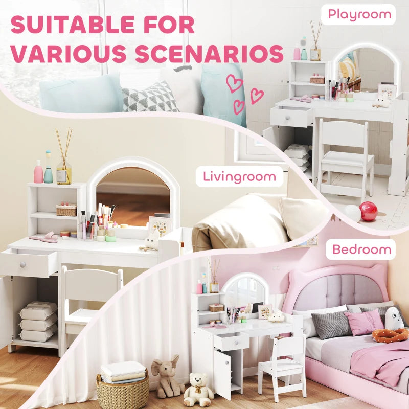 Qaba Kids Vanity Set, Toddler Dressing Table and Chair Set with Lighted Mirror, Cabinet, Drawer and Shelves, White