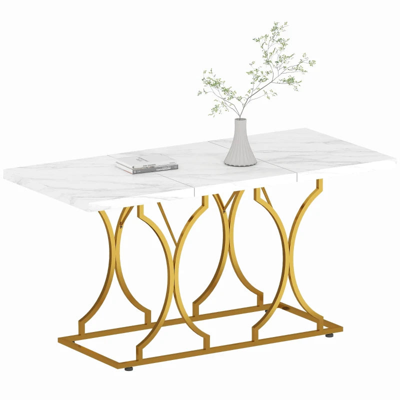 59-Inch Dining Table for 6, Modern Marble-Pattern Kitchen Dinner Table with Metal Pedestal for Home, Dining Room, White