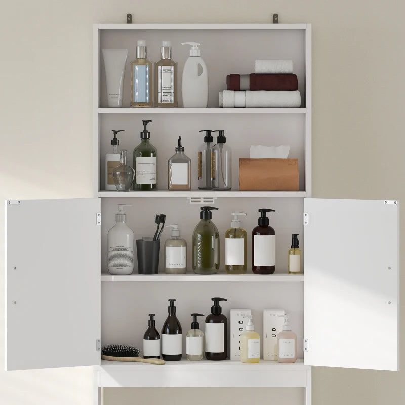 Over The Toilet Storage Cabinet, Freestanding 4-Tier Bathroom Organizer with Adjustable Shelf and 2 Doors, White