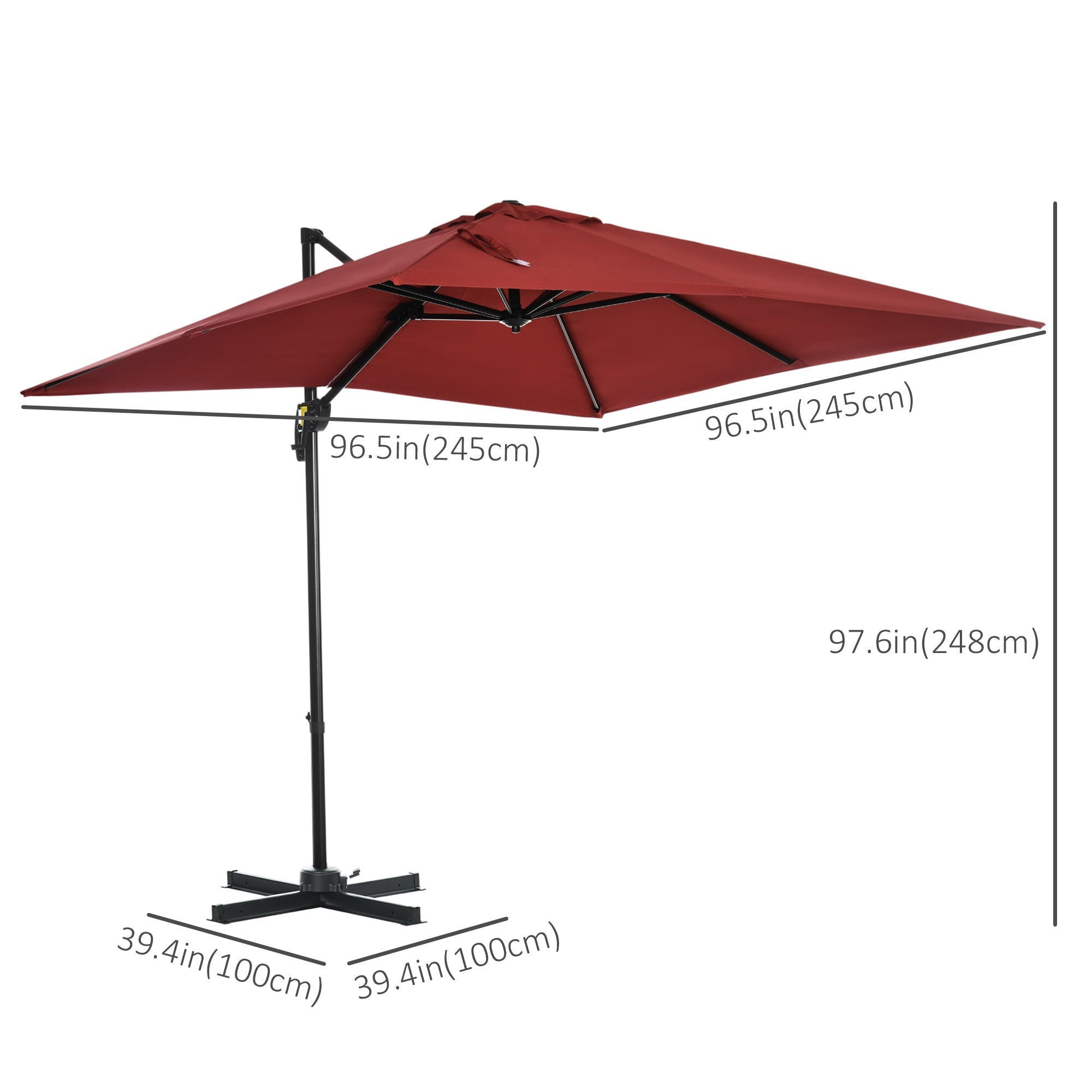 Outsunny Square Patio Hanging Offset Umbrella 8' x 8' Aluminum Cantilever Crank Market Parasol 360° Rotation Cross Base Wine Red