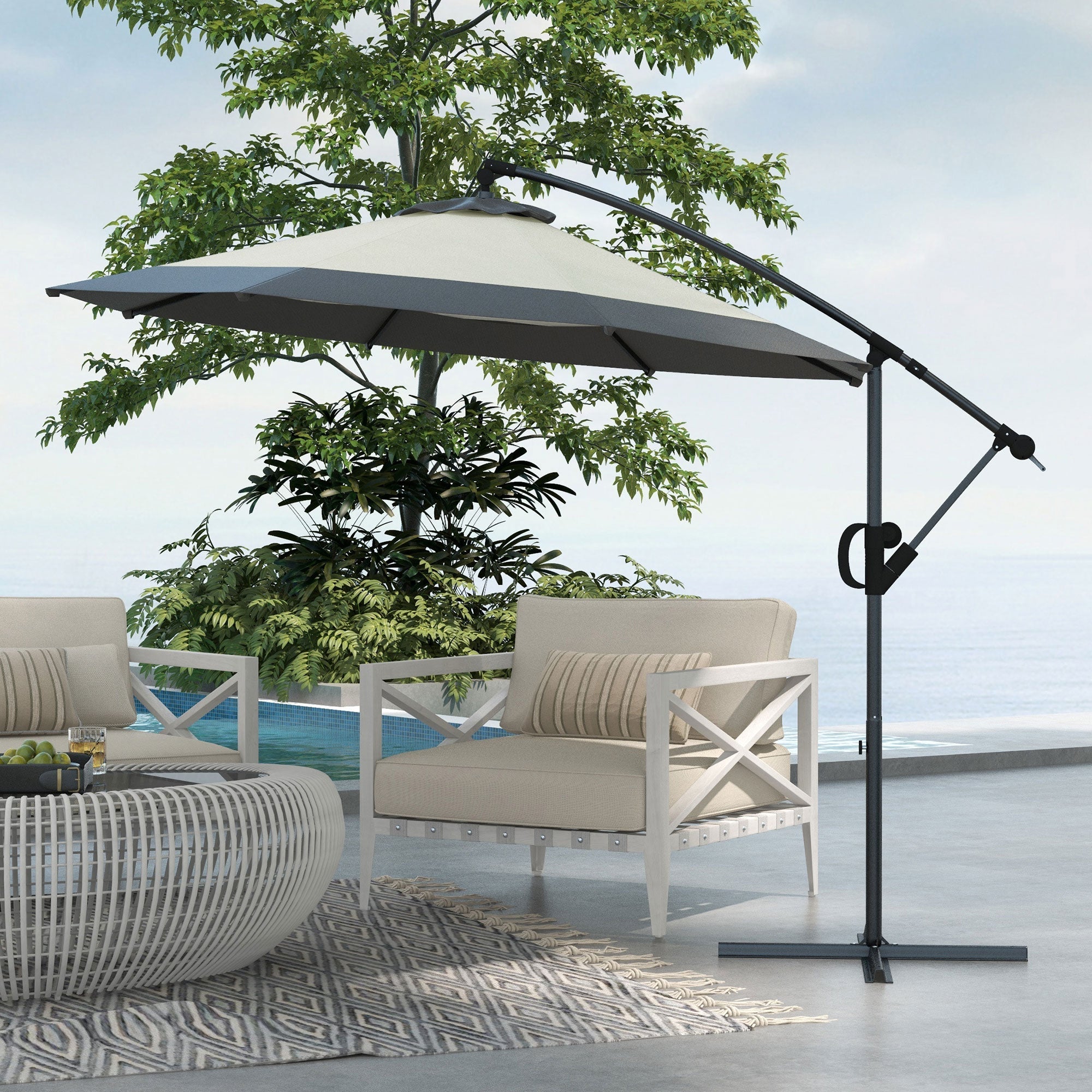 Outsunny 10 FT Cantilever Umbrella, Round Hanging Offset Umbrella with Crank, Tilt and Cross Base for Garden, Backyard, Grey