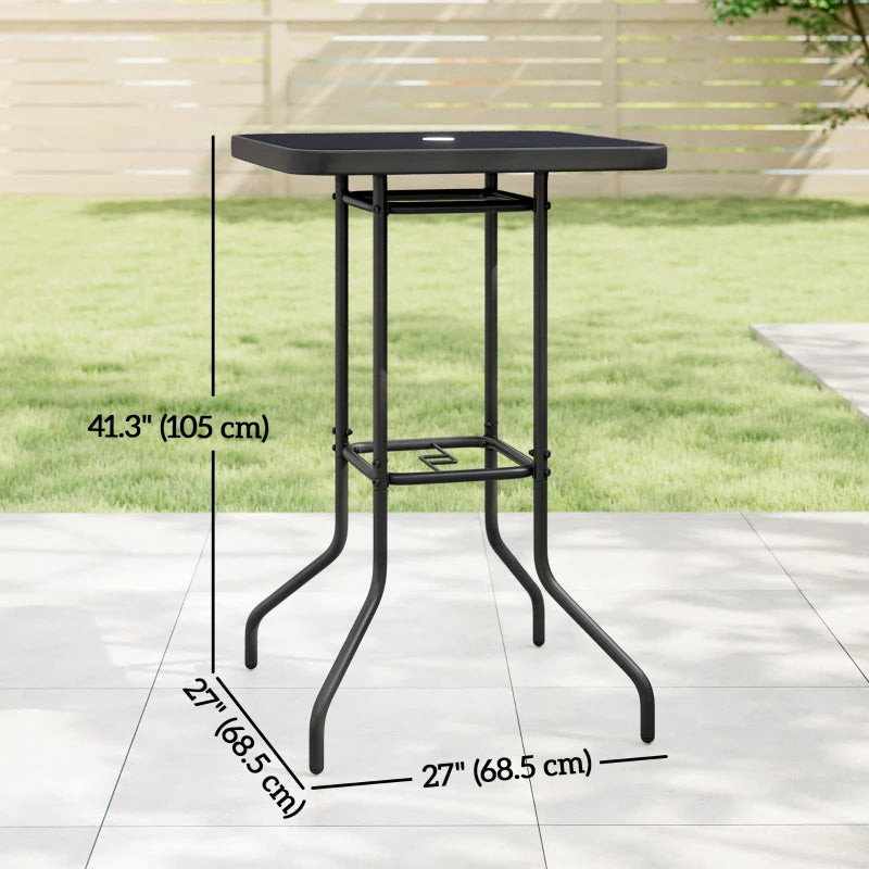 Outdoor Bar Table with Umbrella Hole, 41.3" Bar Height Patio Table with Glass Top and Metal Frame, Black