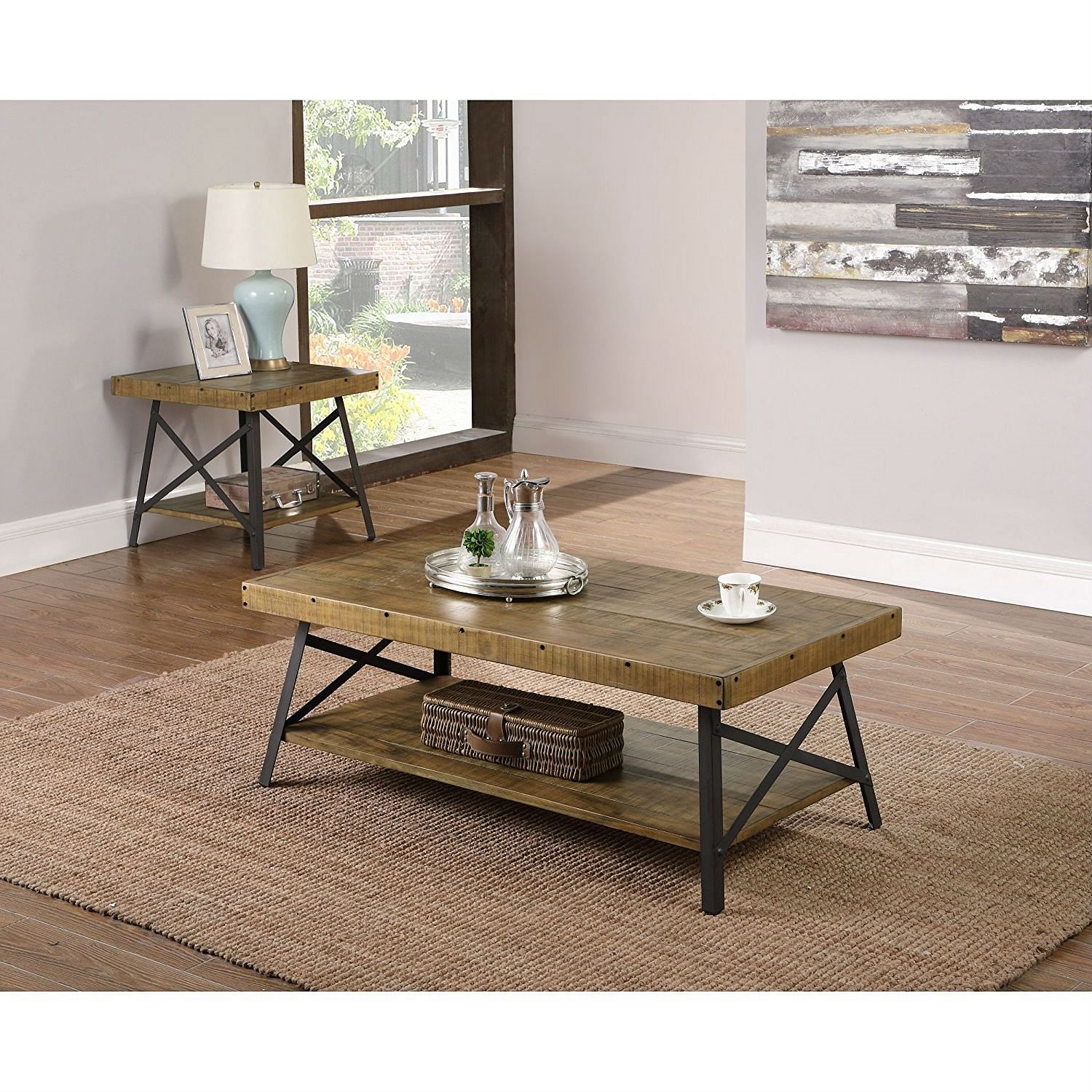Modern Industrial Style Solid Wood Coffee Table with Steel Legs - Free Shipping
