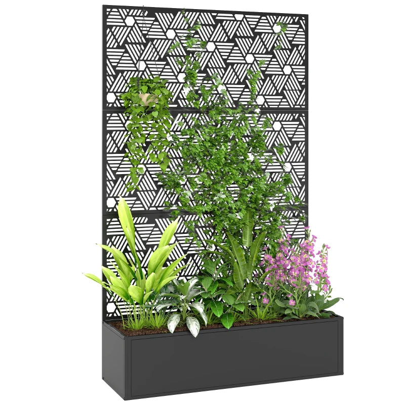 Metal Planter Box with Trellis, 70" Tall Raised Garden Bed with Privacy Screen, Hexagon and Line Cut-Out