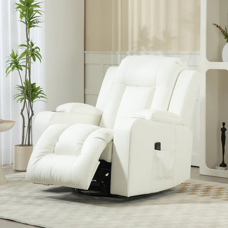 Swivel Massage Recliner Sofa, Overstuffed Manual Reclining Sofa, PU Leather Rocking Chair with Side Pockets, Cup Holders, for Living Room, Nursery, Cream White
