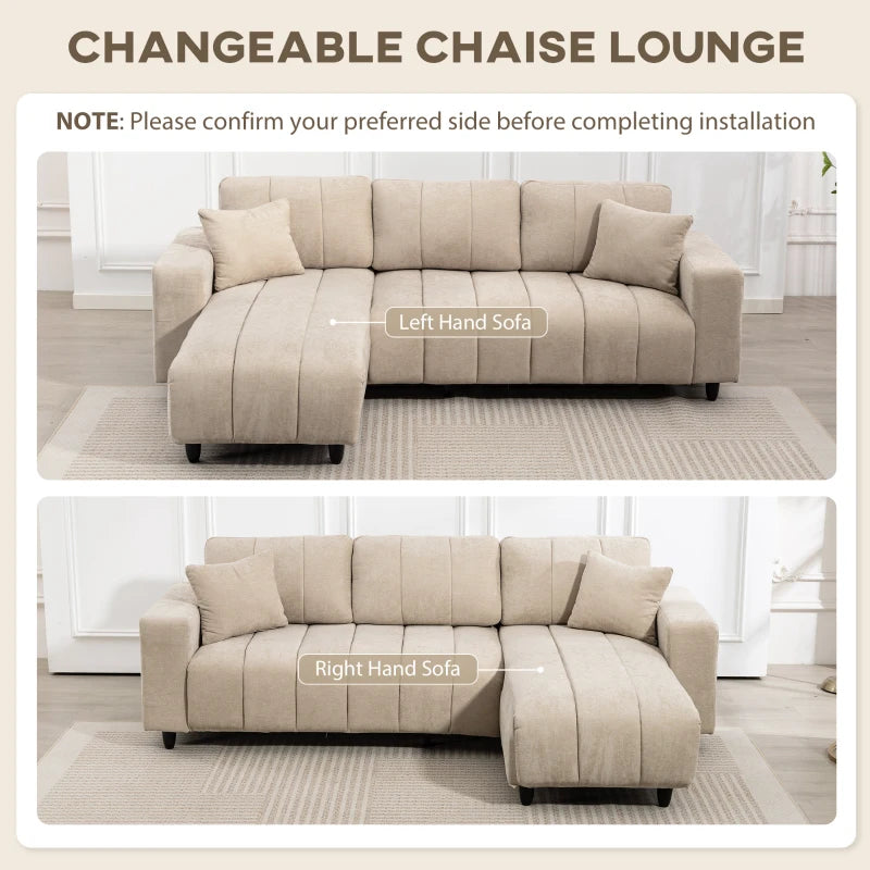Sectional Couch with Integrated Seat, 3 Seater L-Shaped Sofa with Changeable Chaise, Spring Cushion, 2 Pillows, Beige
