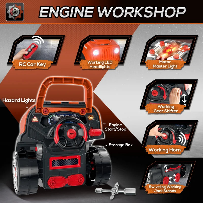 Qaba Kids Truck Engine Toys for Boys Girls 3 4 5 Years Old, Toddlers Construction Educational Repair Car Tool Set with Light and Sound, Orange