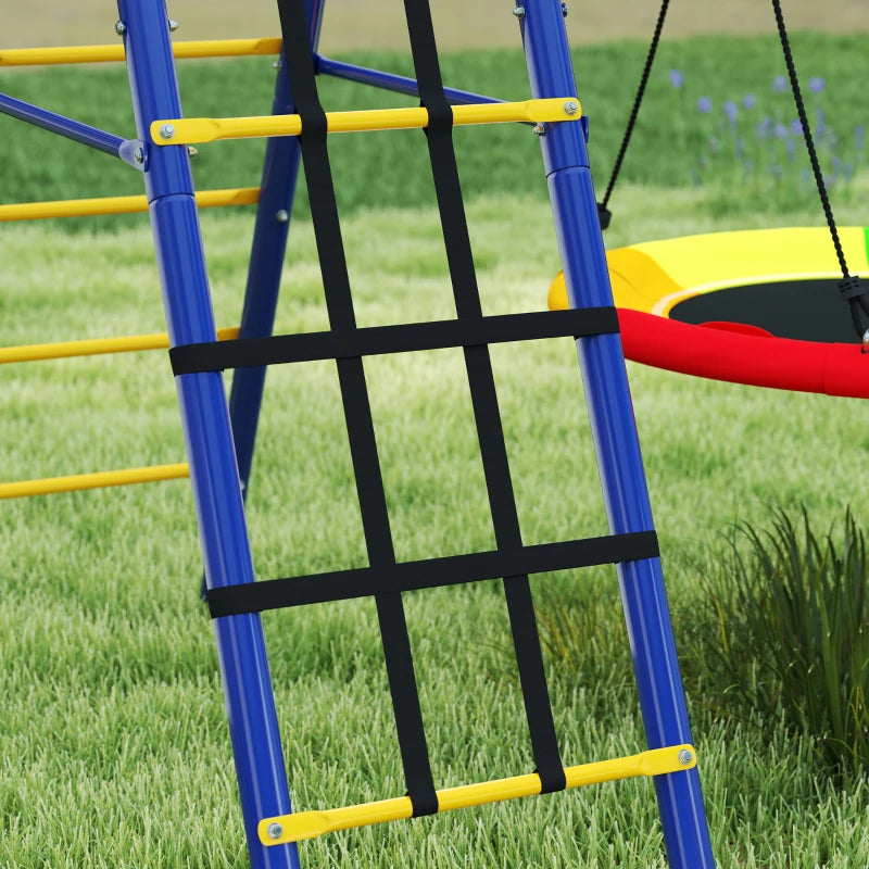 Qaba 6 in 1 Kids Swing Set with 1 Saucer Swing, 1 Belt Swing, 1 Disc Rope Swing, Climbing Ladder and Net, Basketball Hoop