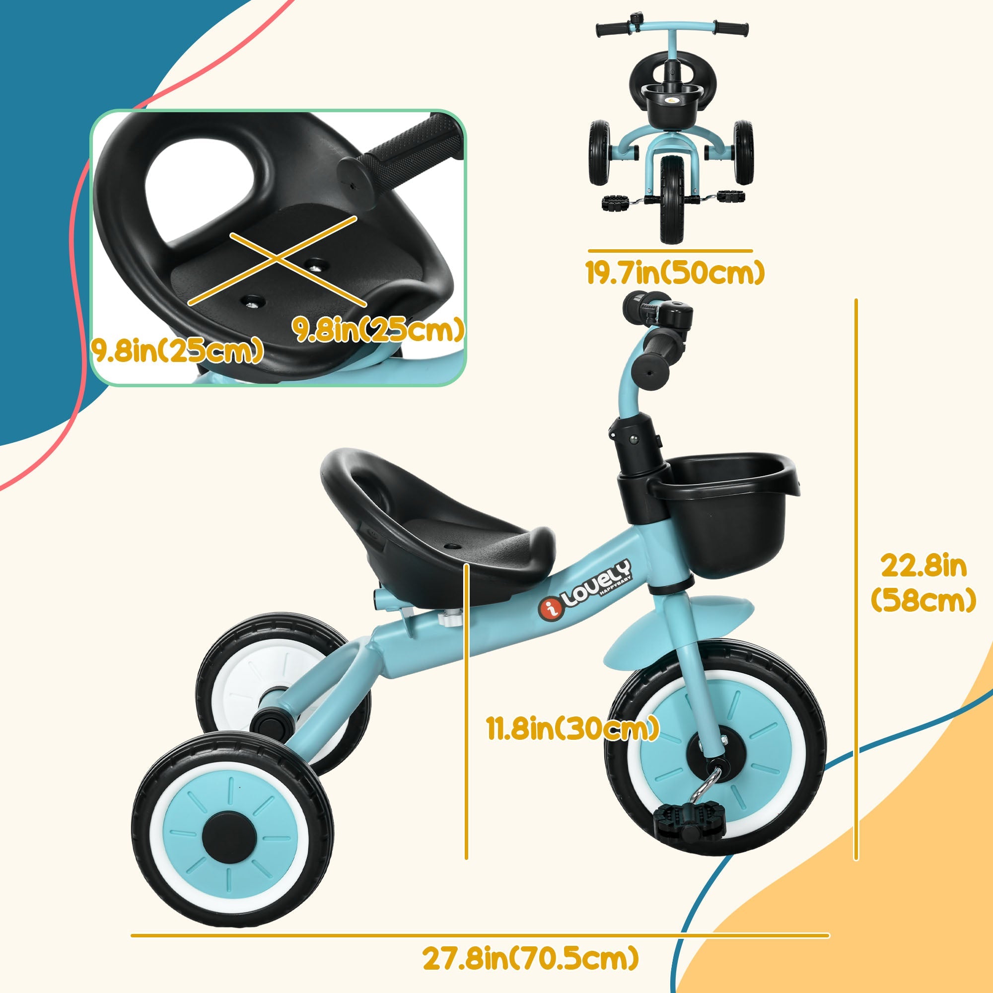 Qaba Kids Tricycle: Adjustable Seat 2-5 Years, Basket, Bell, for Girls/Boys, Blue, Toddler Trike