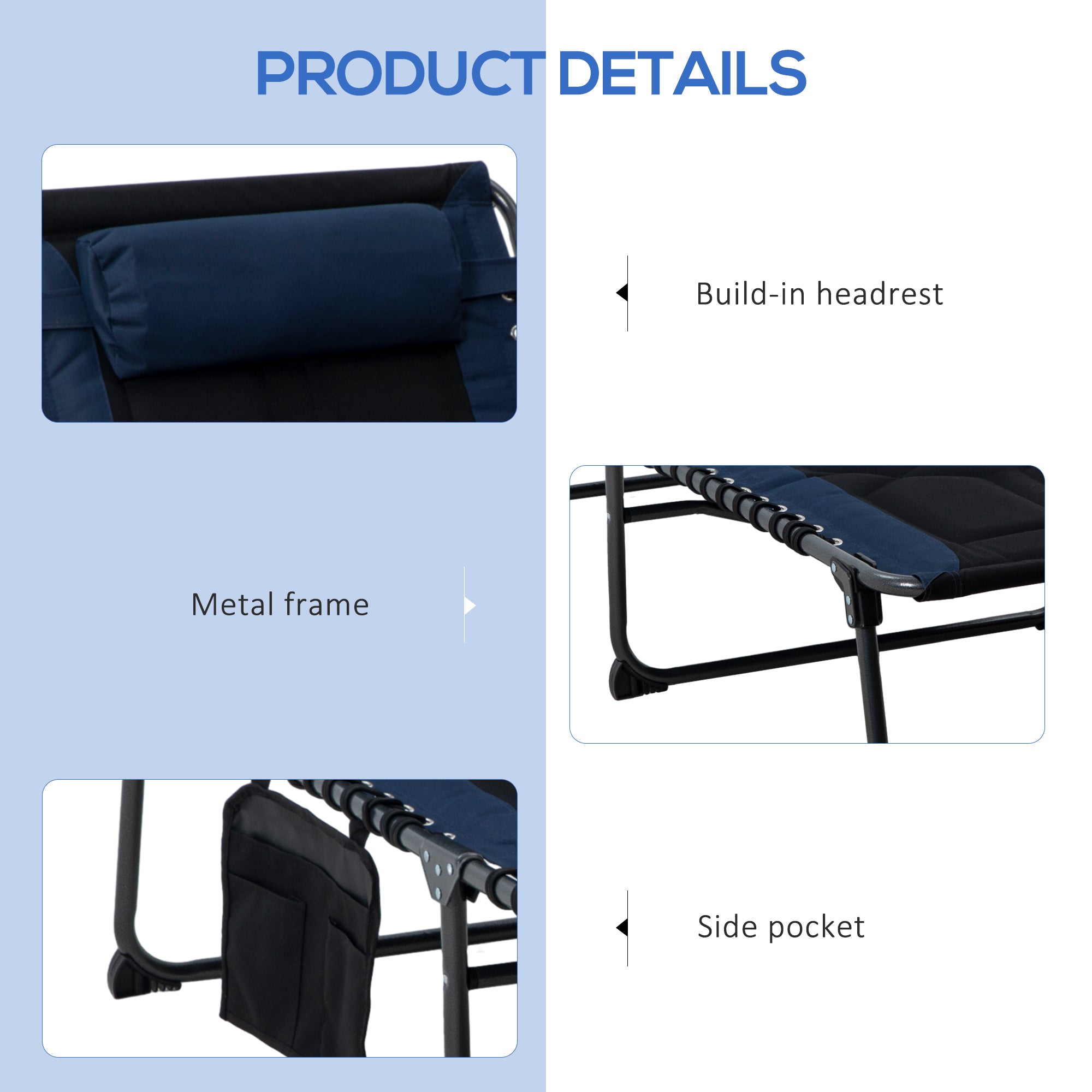 Outsunny Adjustable Folding Chaise Lounge Chair 5-Level Reclining Outdoor Tanning Lounger Padded Seat Side Pocket Blue