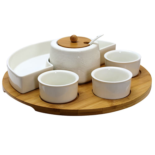 Elama Signature 8 Piece Appetizer Serving Set with 4 Serving Dishes, Center Condiment Server, Spoon, and Bamboo Serving Tray - Free Shipping