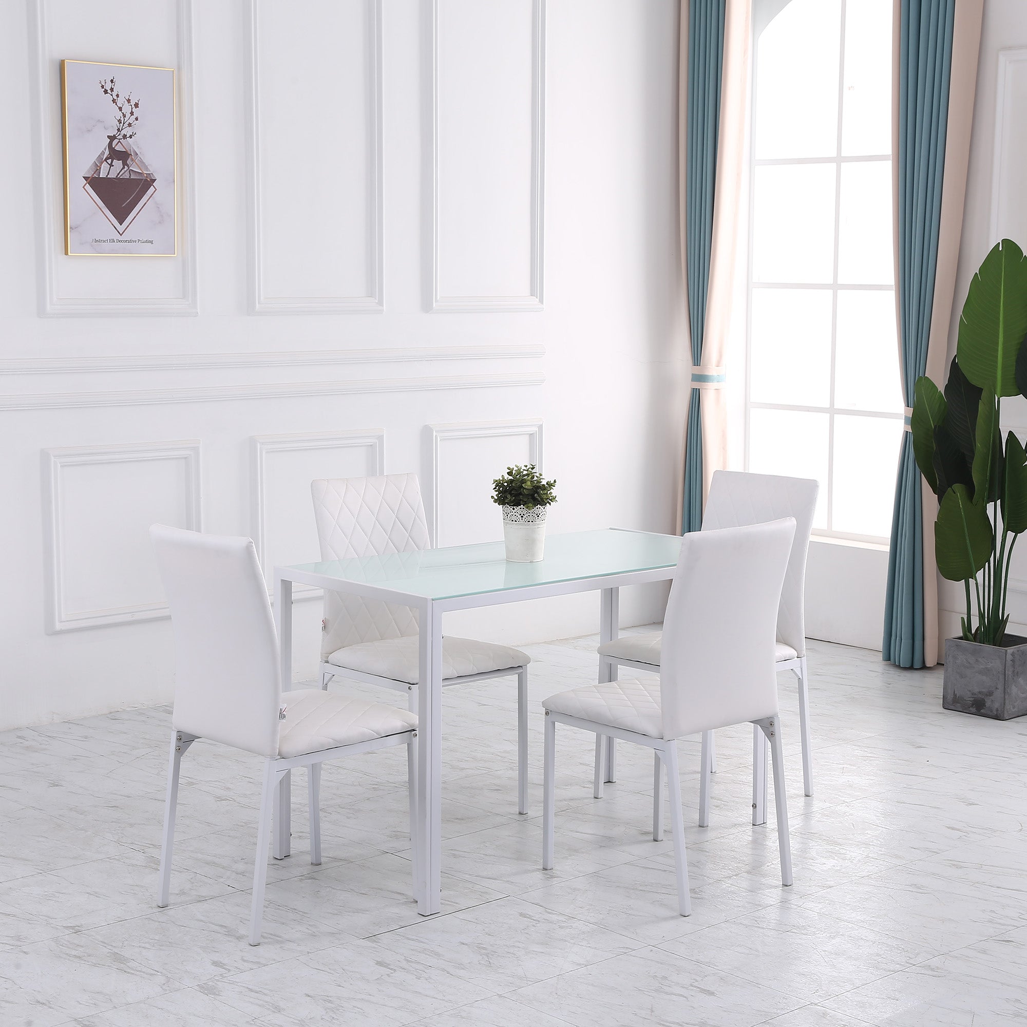 HOMCOM Modern Set of 4 Upholstered Faux Leather Dining Accent Chairs with Metal Legs for Kitchen White
