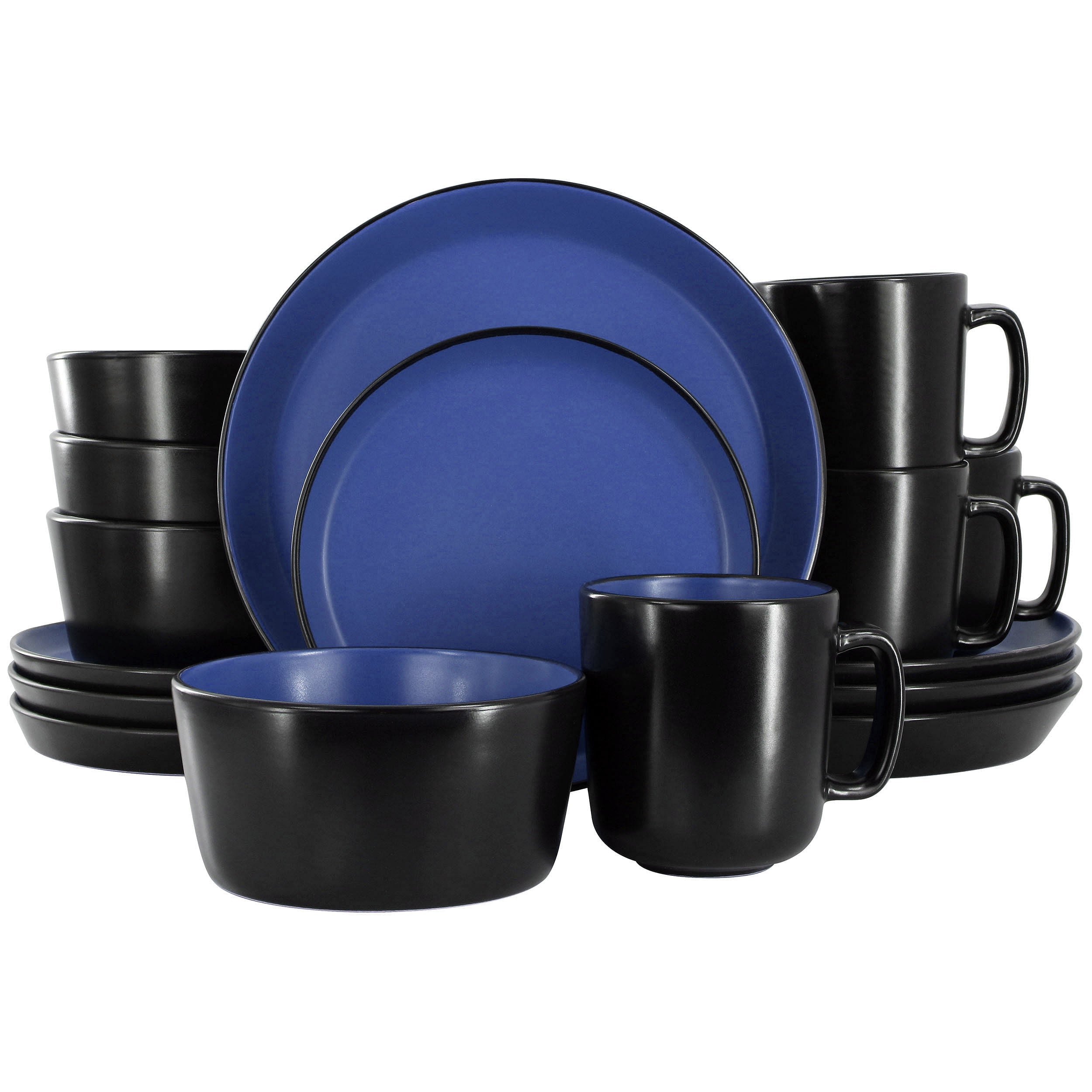 Elama Bacarra 16 Piece Stoneware Dinnerware Set in Two Tone Black and Blue - Free Shipping