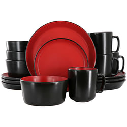 Elama Bacarra 16 Piece Stoneware Dinnerware Set in Two Tone Black and Red - Free Shipping