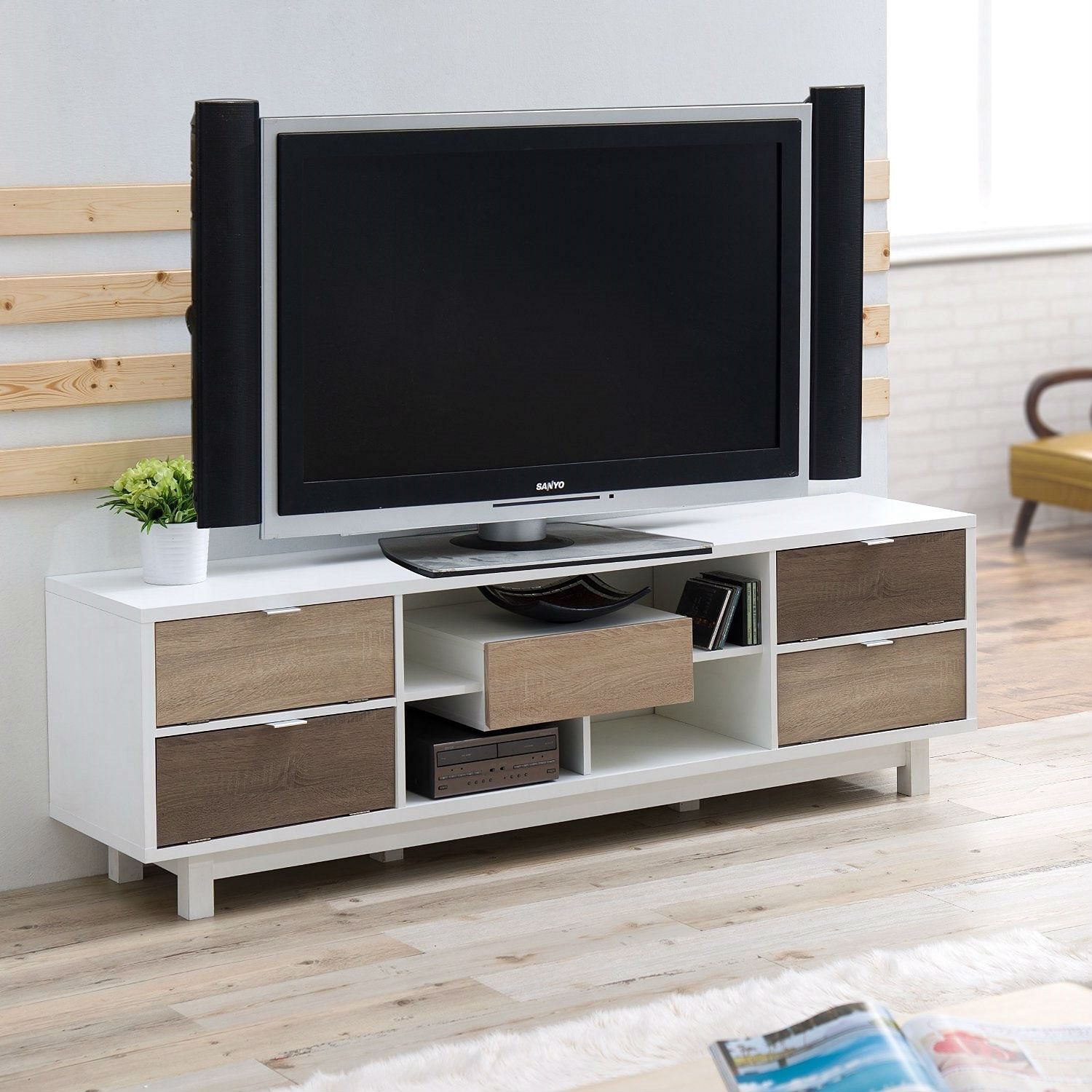 Modern 70-inch White TV Stand Entertainment Center with Natural Wood Accents - Free Shipping