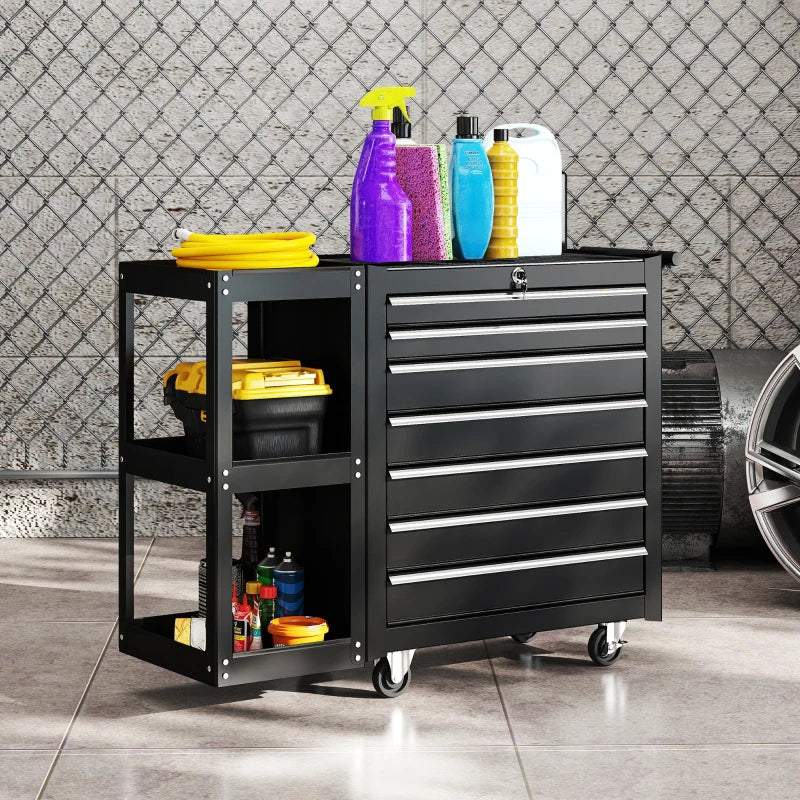7-Drawer Rolling Tool Chest with Detachable Side Shelf, Lockable Tool Cabinet Box Organizer with Wheels, Black