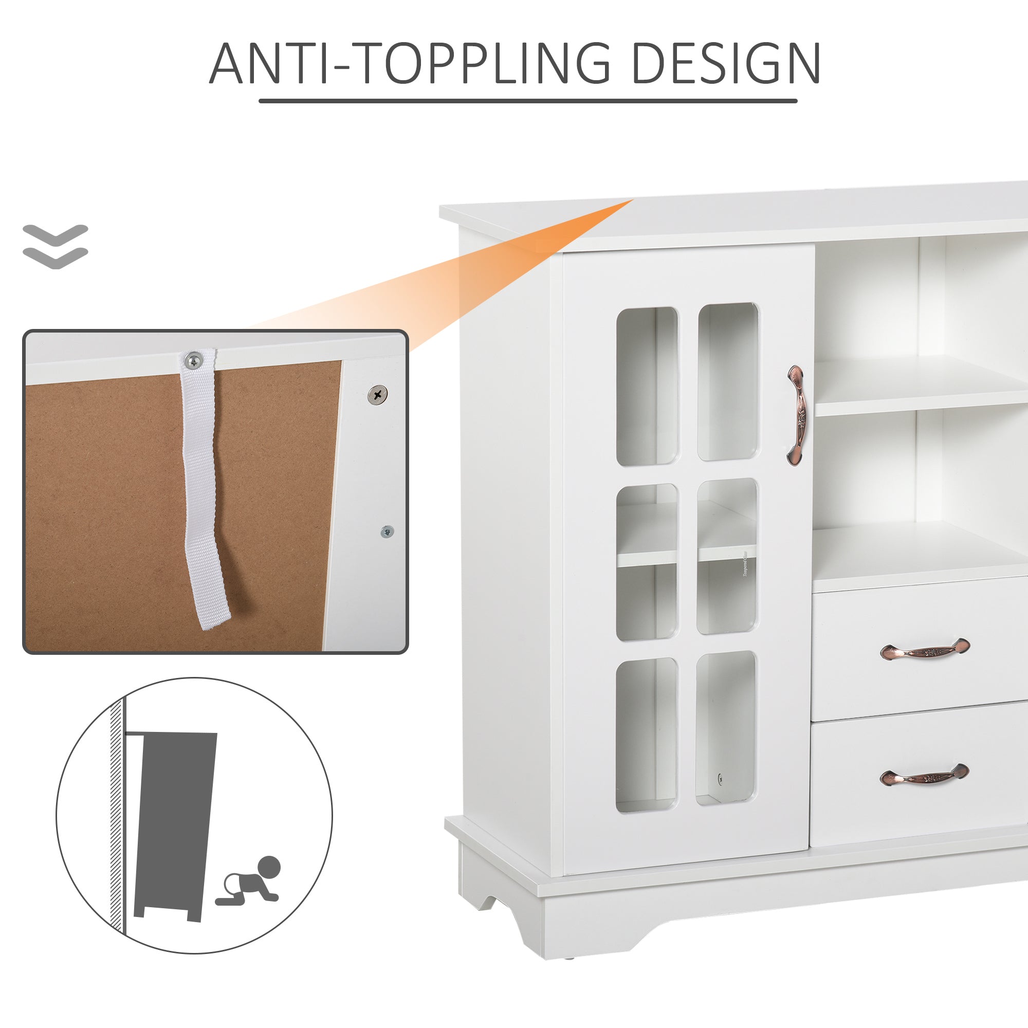 HOMCOM Elegant Buffet Bliss: Kitchen Sideboard with 2 Drawers, Glass Doors for Coffee Bar Storage, White Finish