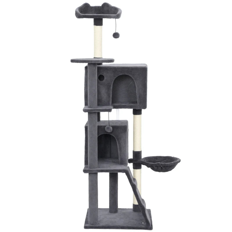 63 Inch Cat Tree with Sisal Scratching Posts, Condos, Plush Perches, Hammock, Ladder, Dangling Balls, Dark Grey