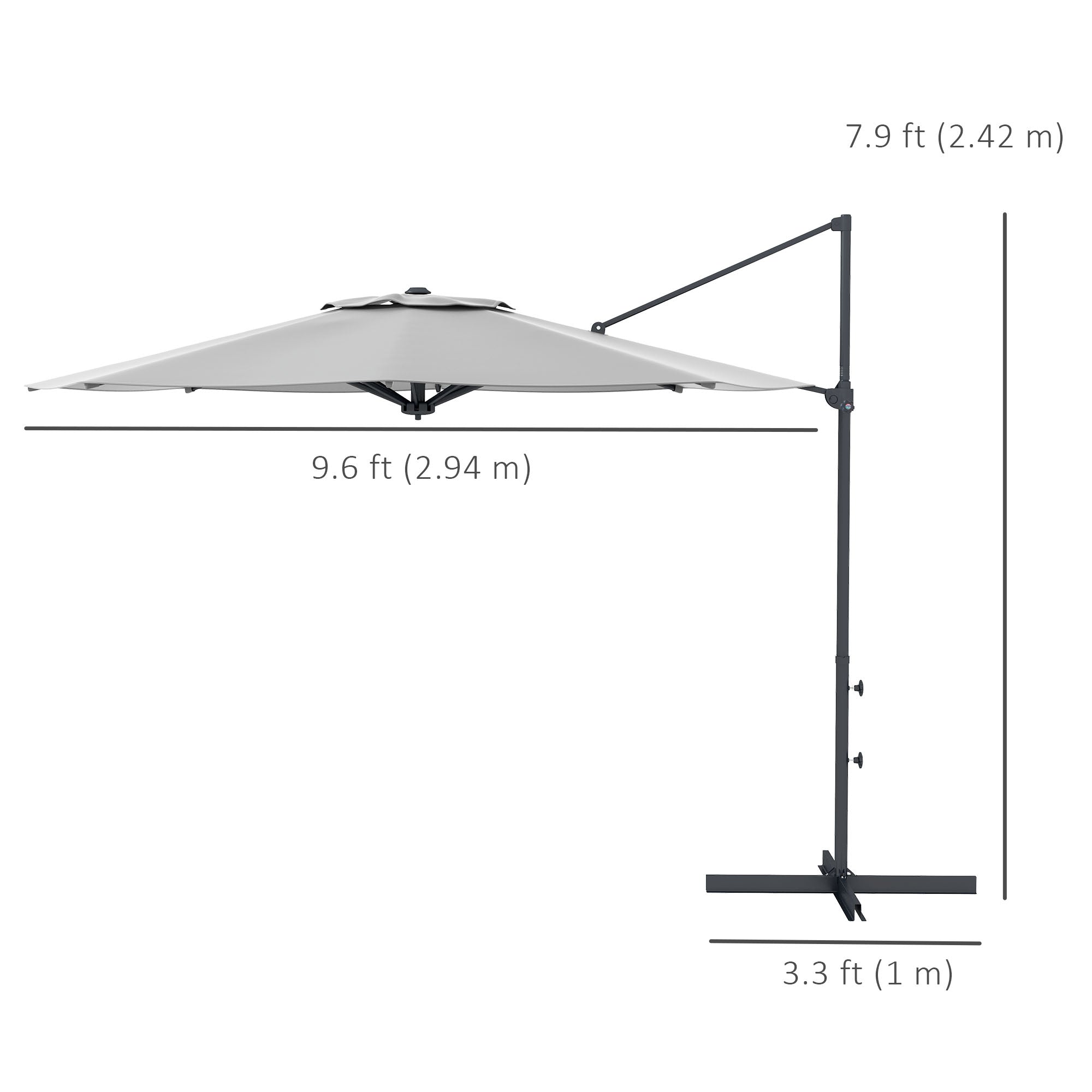 Outsunny Sunshade Sanctuary: 10FT Offset Cantilever Umbrella with 360° Rotating Aluminum Frame, Crank Lift 8 Ribs Cross Base Grey