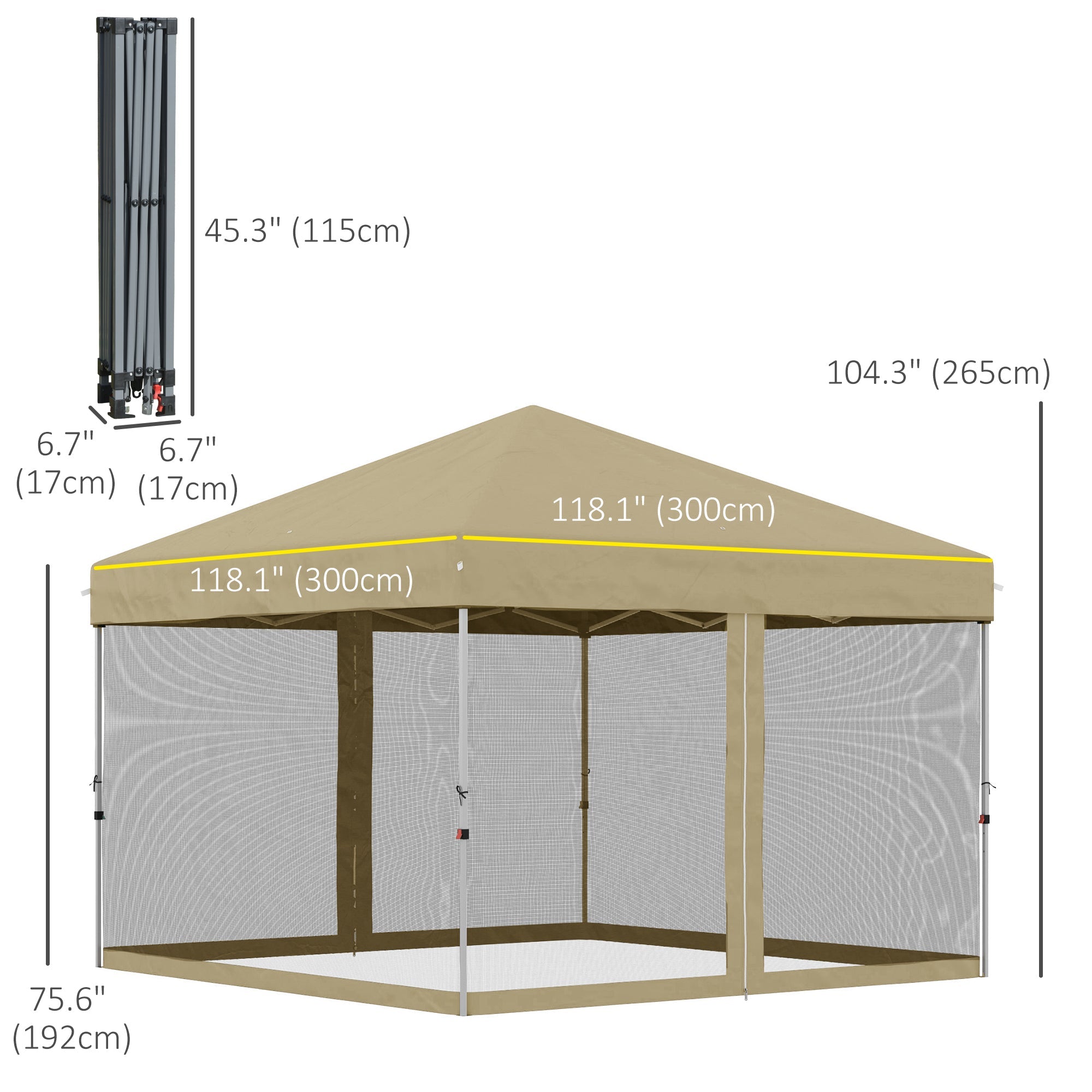 Outsunny 10' x 10' Pop-Up Party Tent Outdoor Canopy Tent with Mesh Sidewalls, 3-Level Adjustable Height, Roller Bag, Khaki