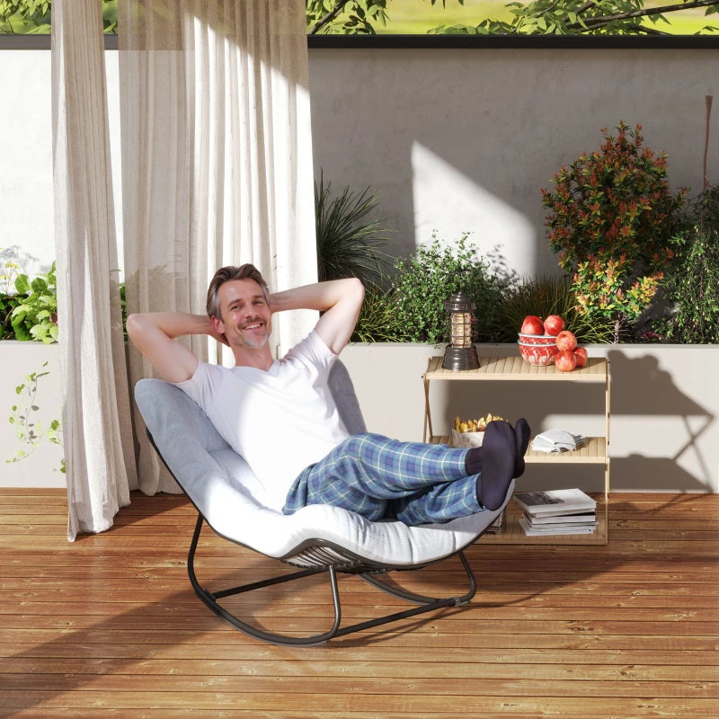 Oversized Rattan Patio Egg Chair, Outdoor Rocking Chair with Padded Cushion for Indoor, Porch, Grey
