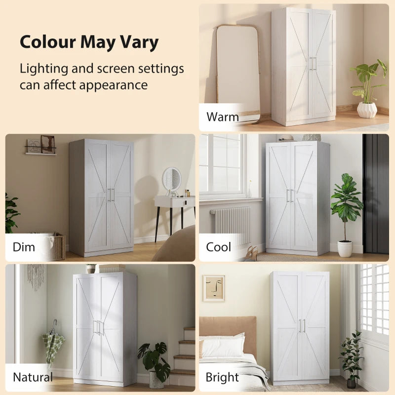 Wardrobe Cabinet with Hanging Rod, Anti-Tipping and 2 Barn Doors, Farmhouse Wardrobe Closet for Bedroom, White Wood Effect