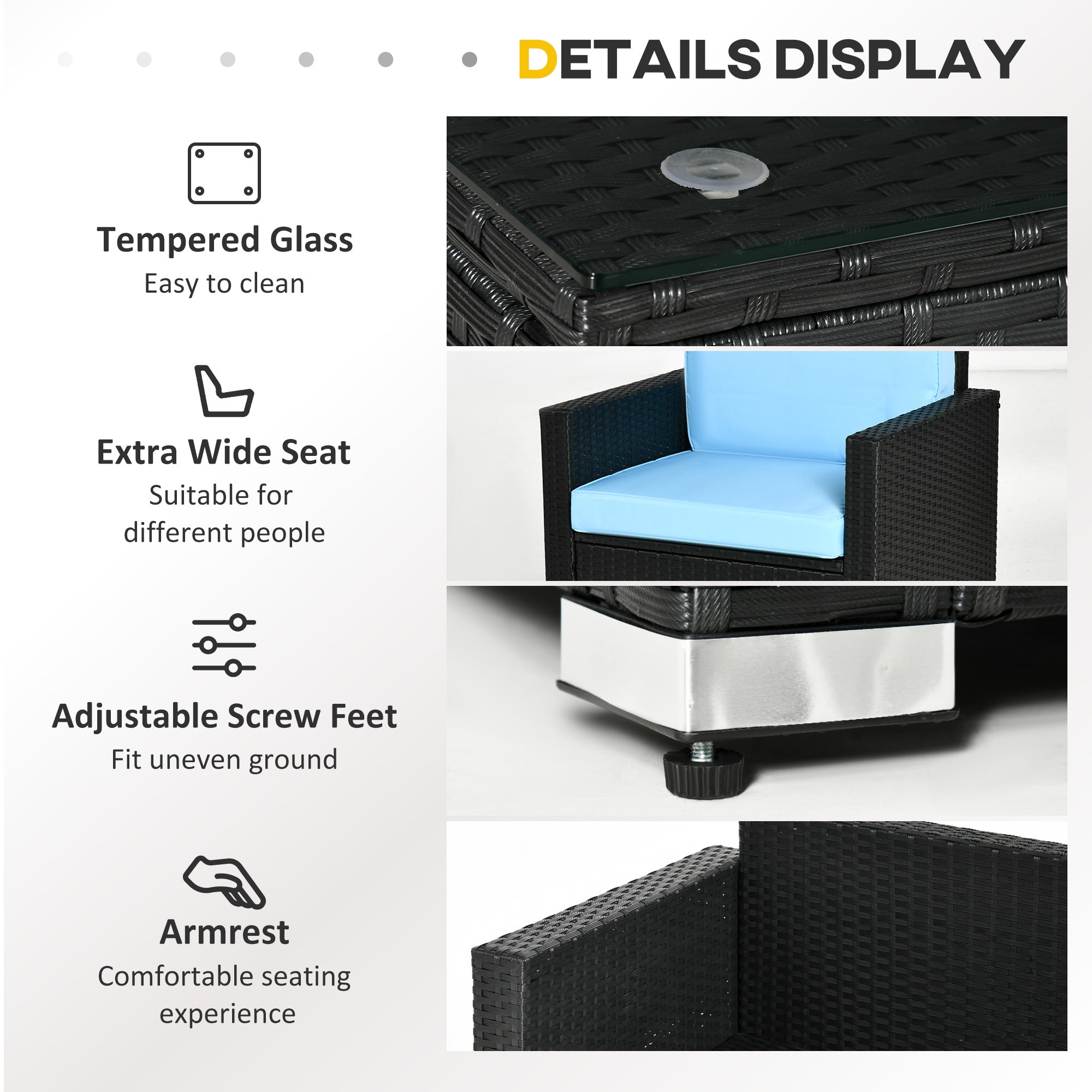 Outsunny 4PC Sky Blue Patio Wicker Sofa Set Outdoor PE Rattan Conversation Furniture with Tempered Glass Table-top