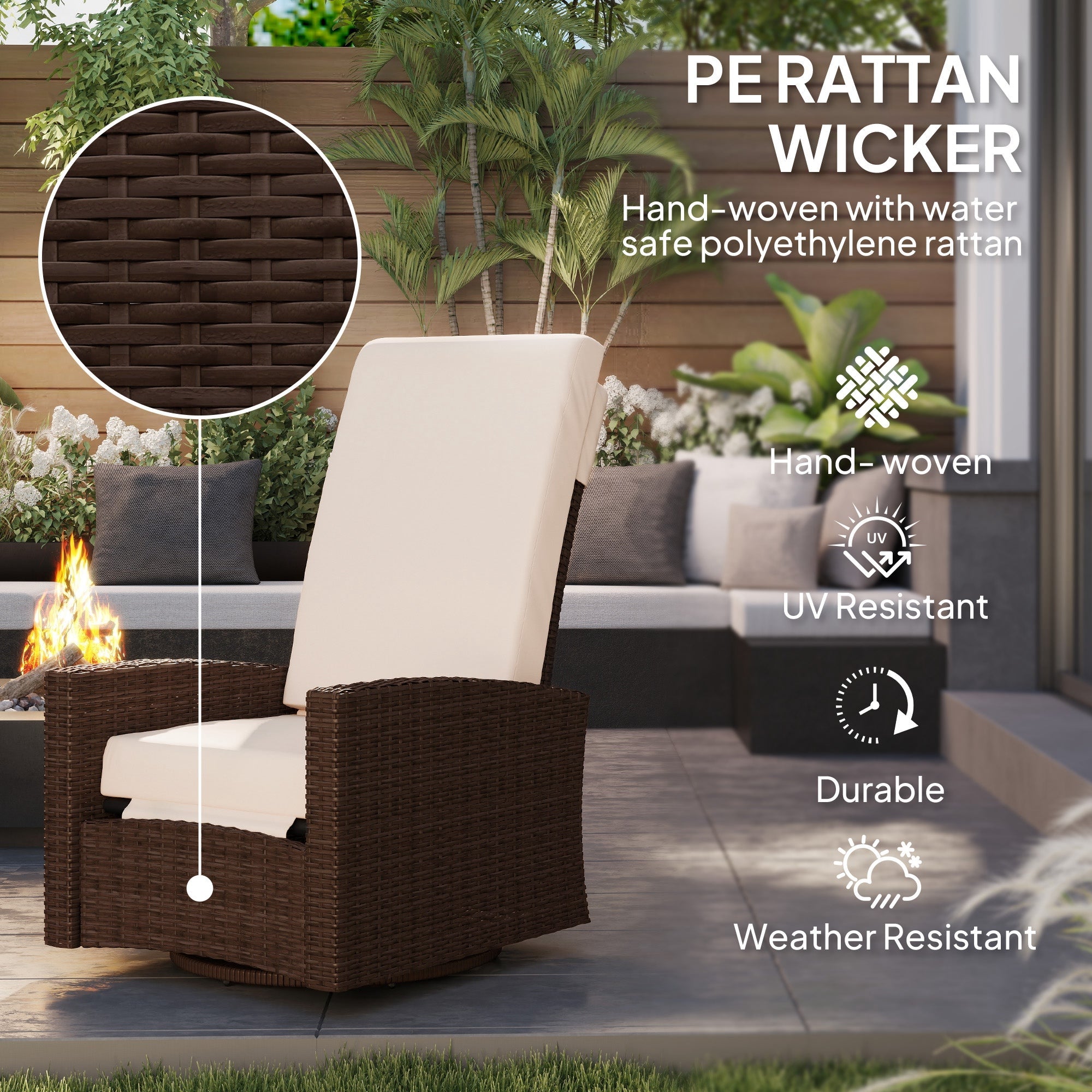 Outsunny Outdoor Rattan Wicker Lounge Chair with Footrest & Soft Cushion for Patio, Garden, Backyard, Cream White