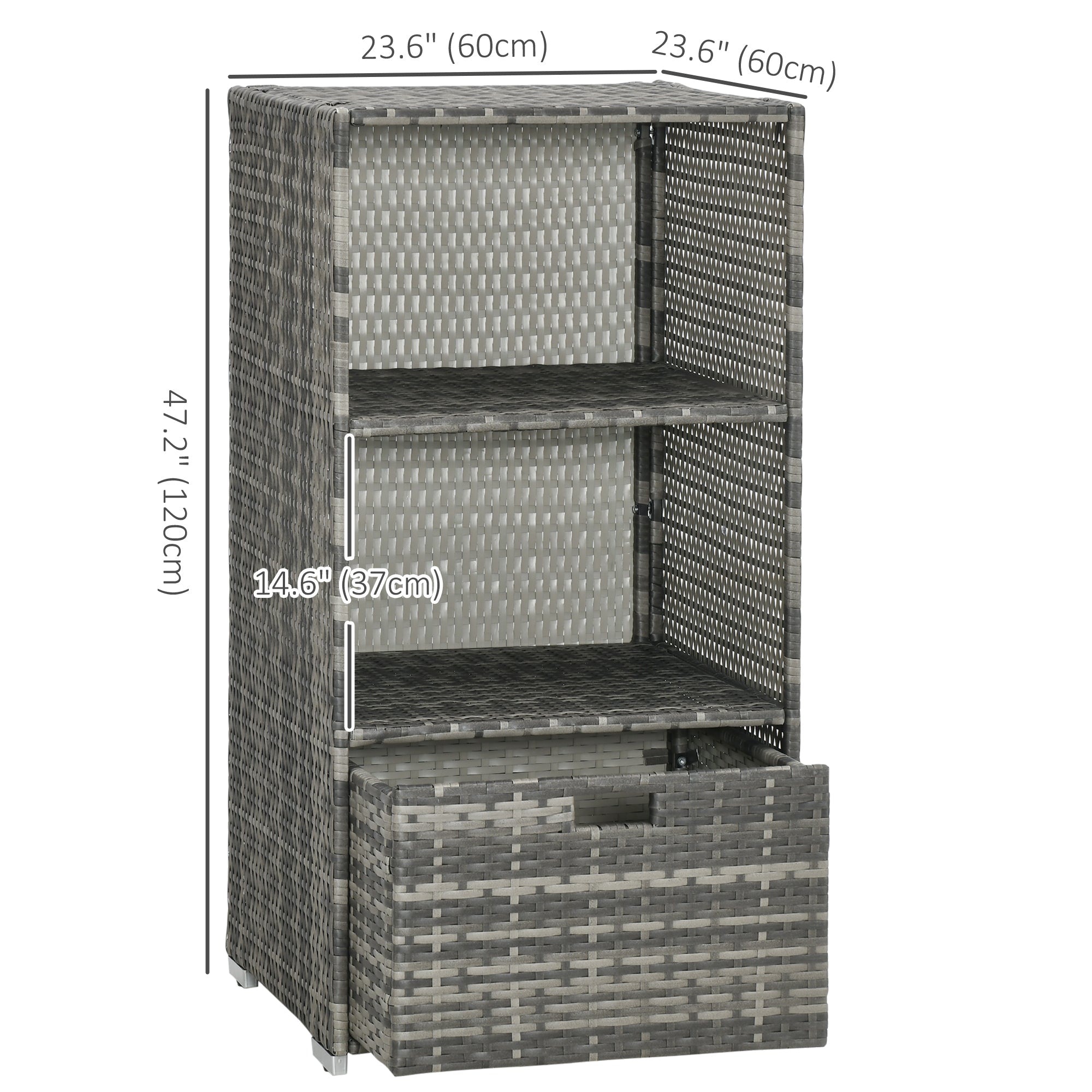 Outsunny Outdoor Storage Cabinet, Patio Storage Box Rack Rattan Wicker w/ 2 Shelf 1 Drawer Garden, Mixed Grey